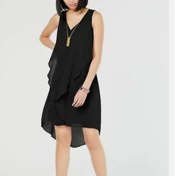International Concepts INC Black V Neck Ruffle Dress Chiffon MP - Picture 1 of 14